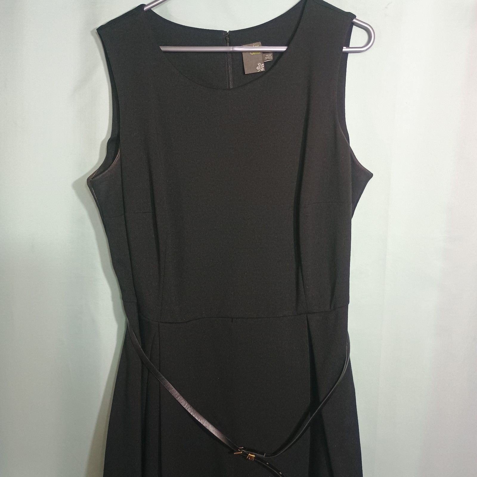 Women’s Black Fit & Flare Dress White Stripe Hem Sleeveless Belted Career Dress — image 2 of 4